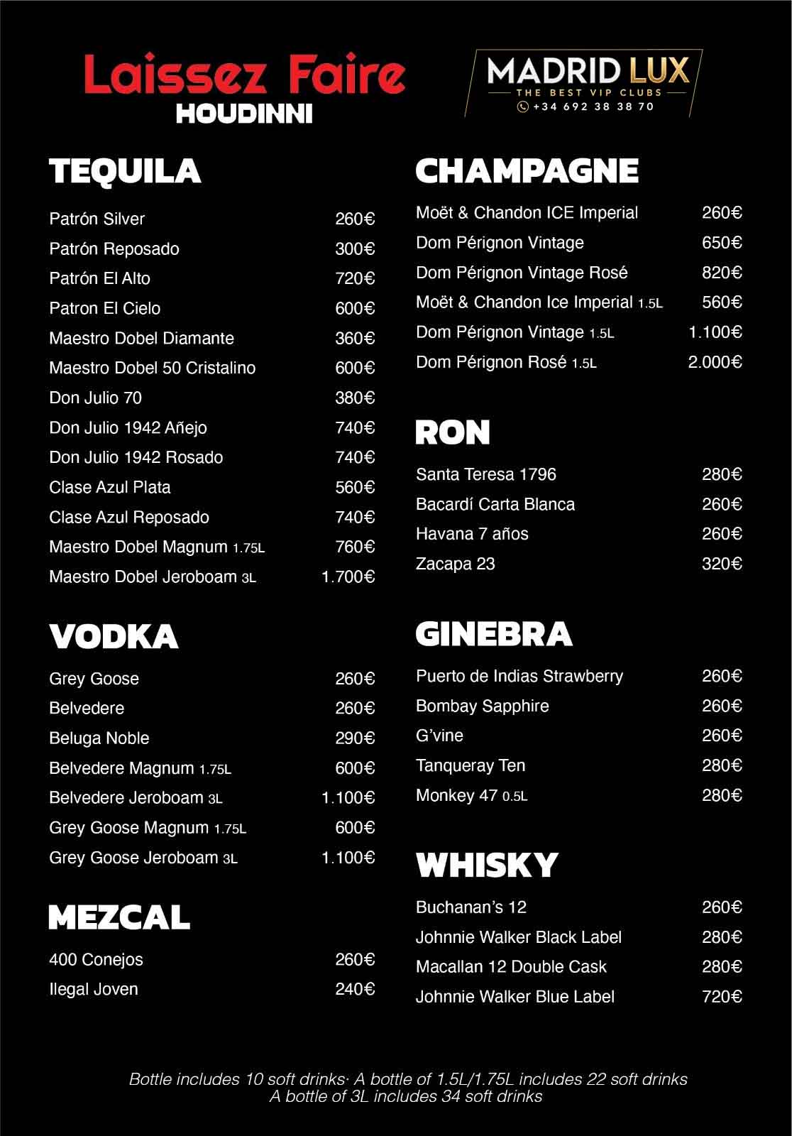 carta precios menu houdinni madrid discoteca